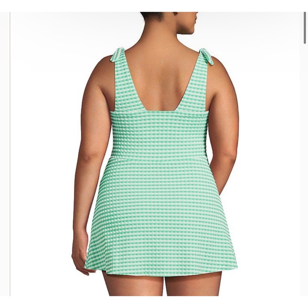 Lands End Womens 20W Green White Seersucker Stripe Swim Dress One Piece Swimsuit